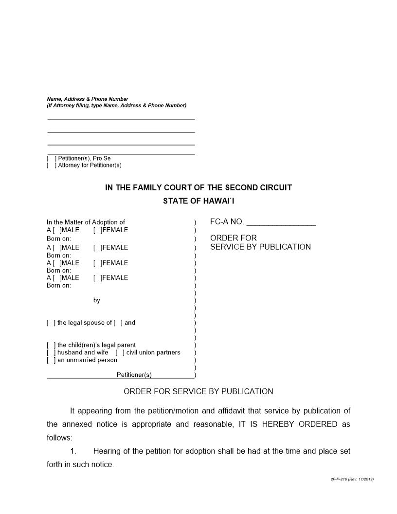 Order For Service By Publication And Mailing Of Notice {2F-P-216} | Pdf Fpdf Docx | Hawaii
