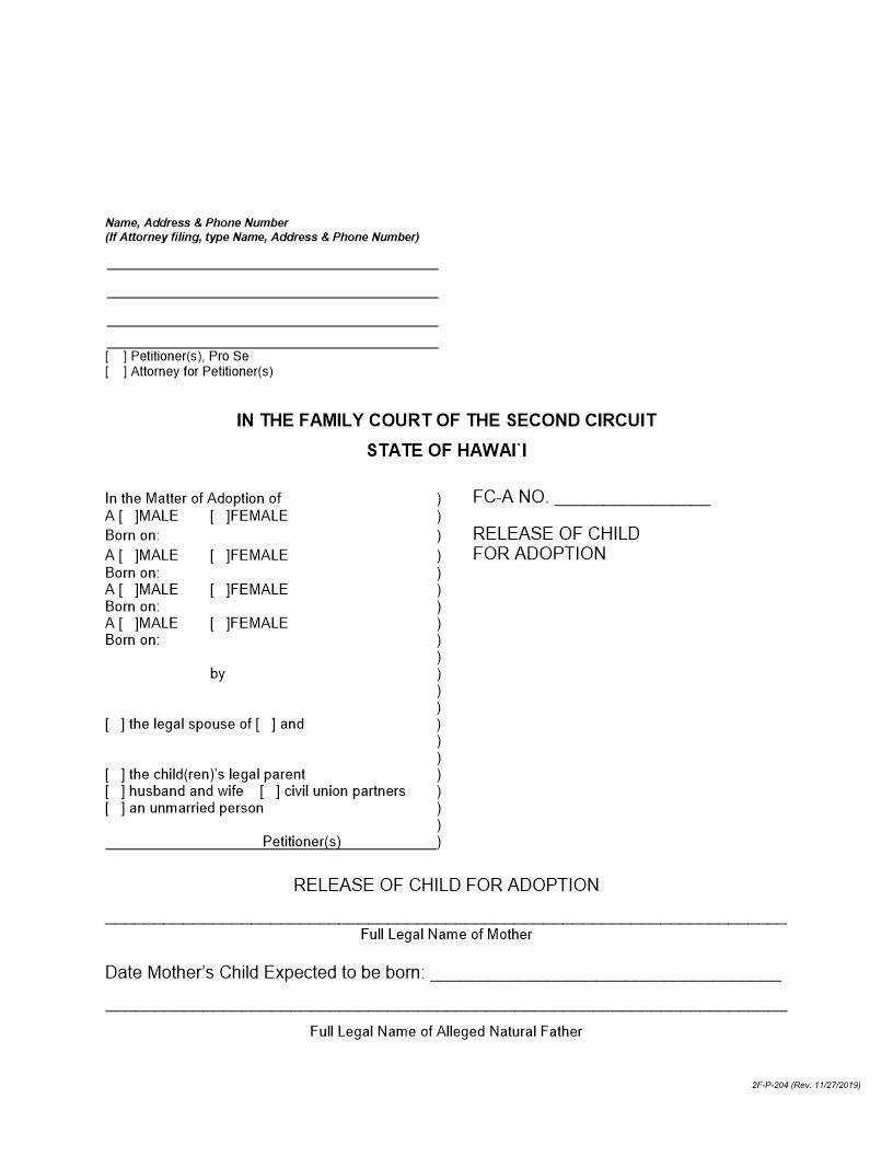 Release Of Child For Adoption {2F-P-204} | Pdf Fpdf Docx | Hawaii
