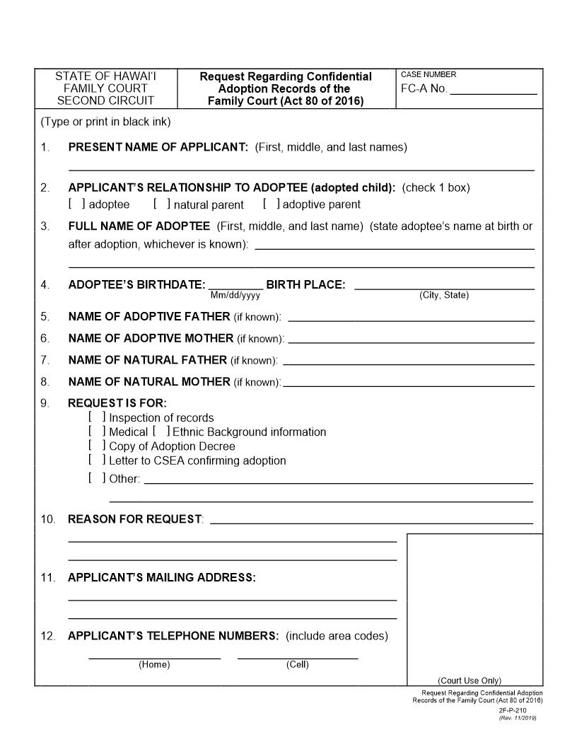 Request Regarding Confidential Adoption Records Of The Family Court {2F-P-210} | Pdf Fpdf Docx | Hawaii