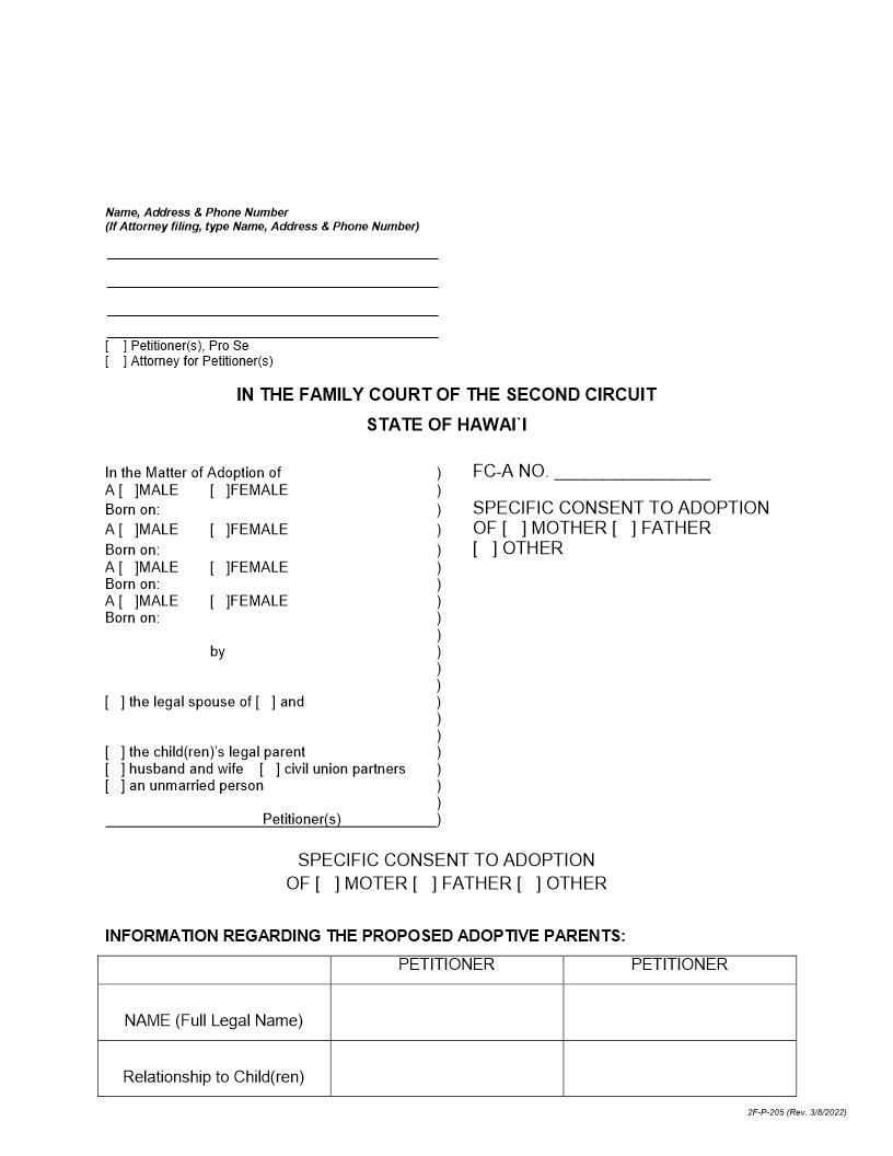 Specific Consent To Adoption {2F-P-205} | Pdf Fpdf Docx | Hawaii