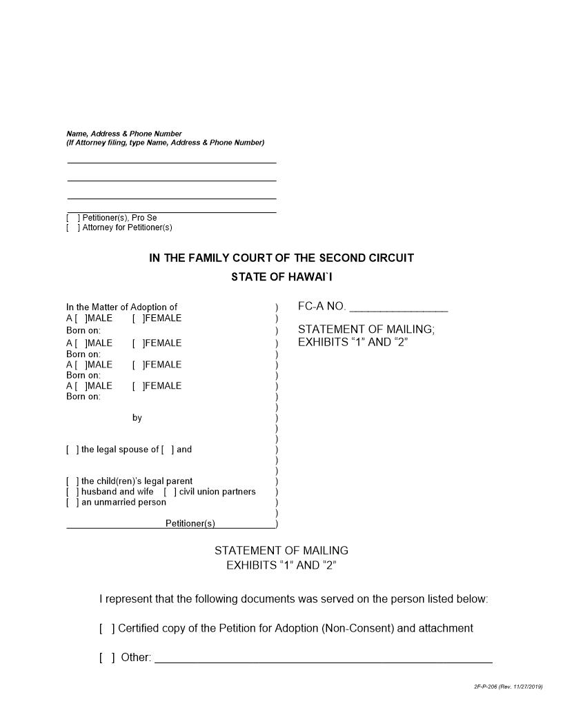 Statement Of Mailing Exhibits 1 And 2 {2F-P-206} | Pdf Fpdf Docx | Hawaii
