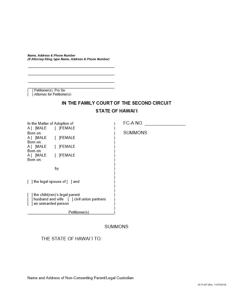 Summons {2F-P-207} | Pdf Fpdf Docx | Hawaii
