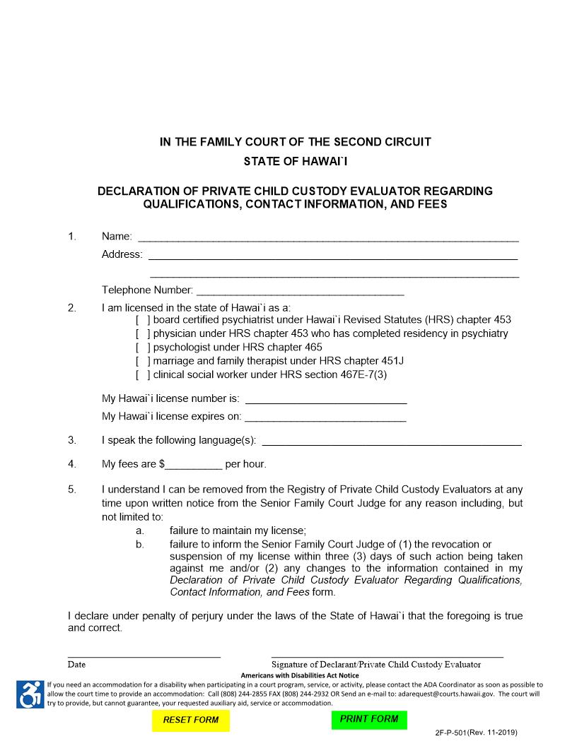 Declaration Of Private Child Custody Evaluator {2F-P-501} | Pdf Fpdf Docx | Hawaii