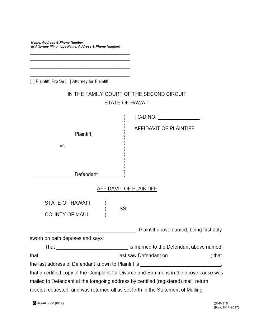 Affidavit Of Plaintiff For Service By Publication {2F-P-115} | Pdf Fpdf Docx | Hawaii