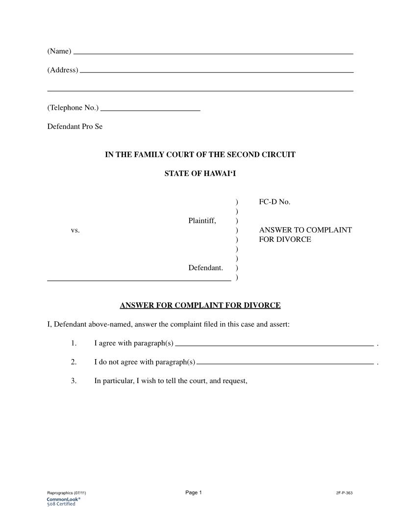 Answer To Complaint For Divorce {2F-P-363} | Pdf Fpdf Docx | Hawaii