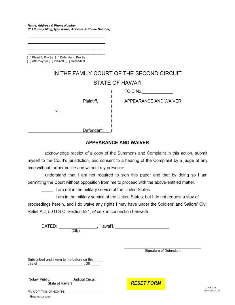 Appearance And Waiver {2F-E-016} | Pdf Fpdf Docx | Hawaii