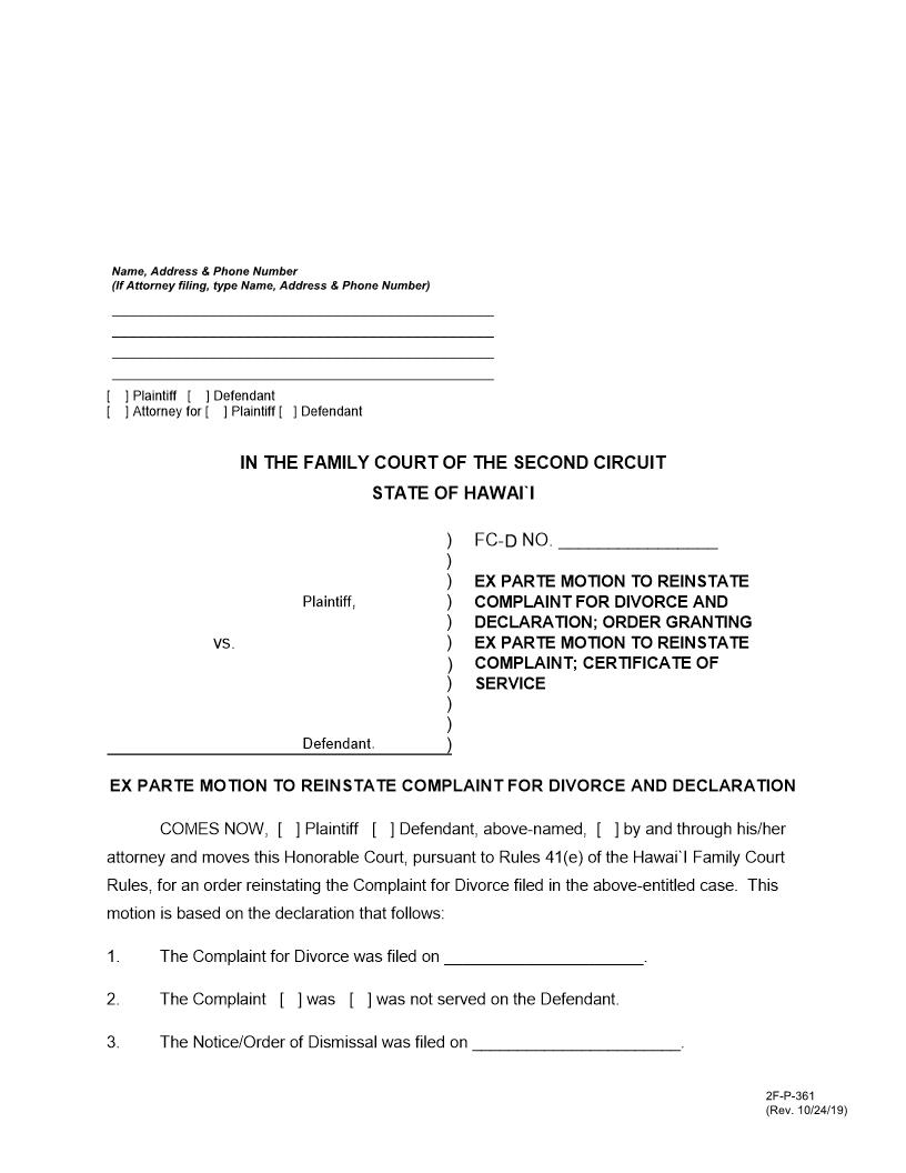 Ex Parte Motion To Reinstate Complaint For Divorce And Declaration {2F-P-361} | Pdf Fpdf Docx | Hawaii