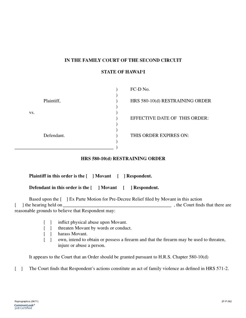HRS 580 10d Restraining Order {2F-P-362} | Pdf Fpdf Docx | Hawaii