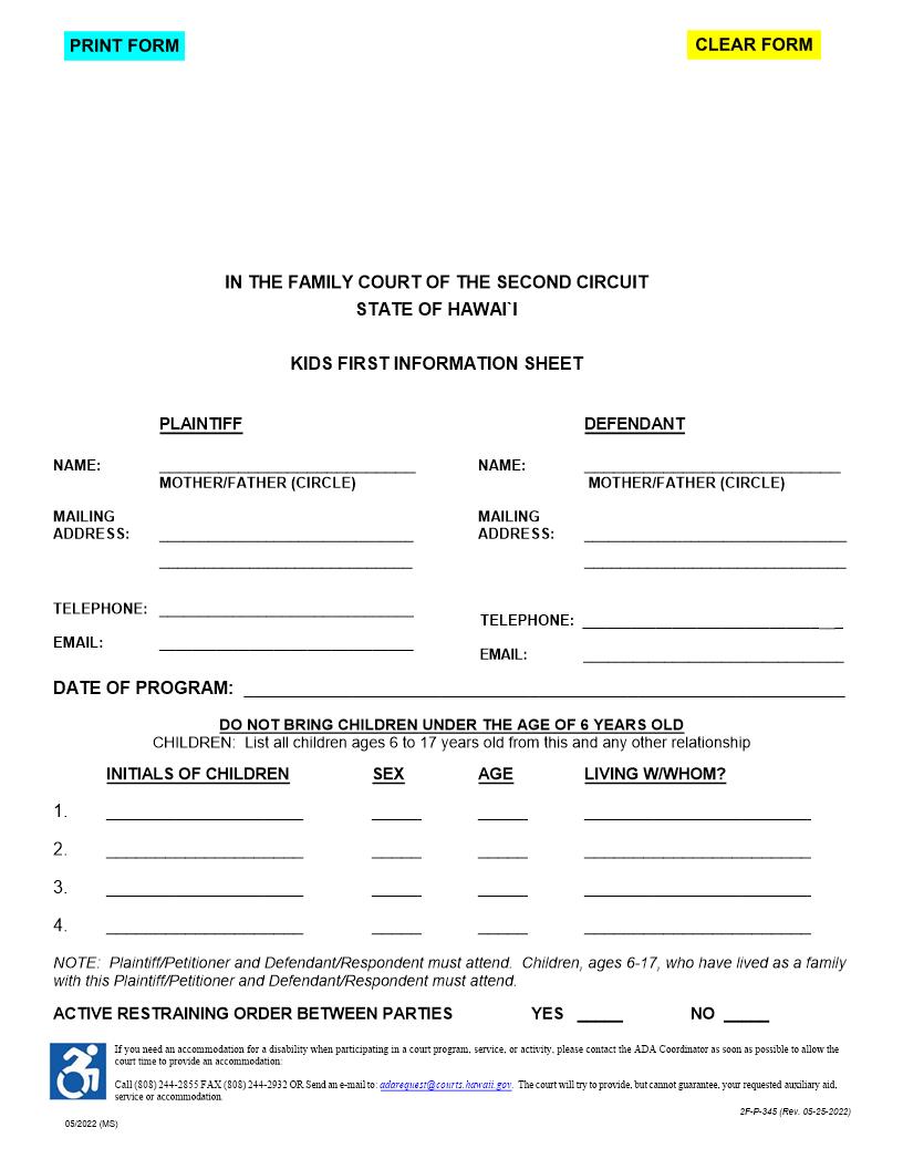 Kids First Information Sheet {2F-P-345} | Pdf Fpdf Docx | Hawaii