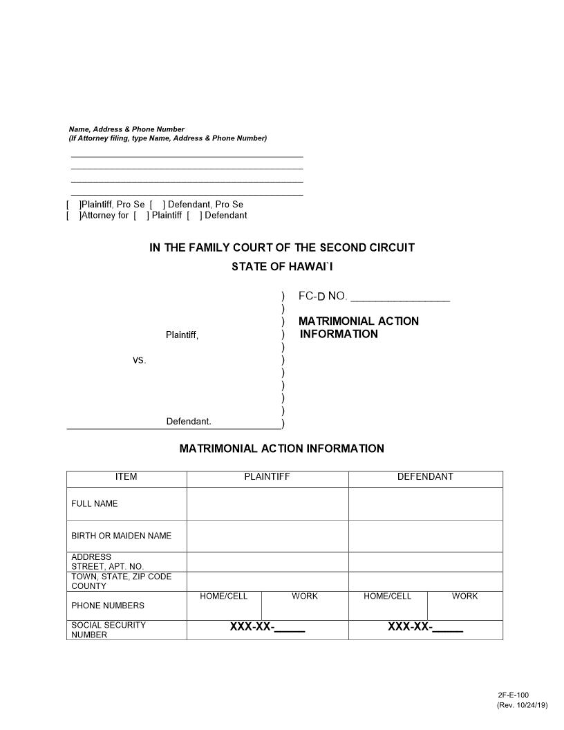 Matrimonial Action Information {2F-E-100} | Pdf Fpdf Docx | Hawaii