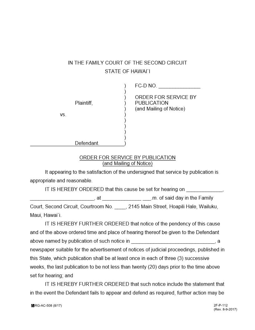 Order For Service By Publication And Mailing Of Notice {2F-P-112} | Pdf Fpdf Docx | Hawaii