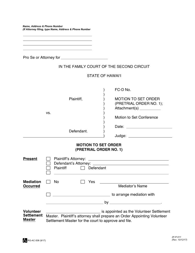 Pre Trial Order 1 Motion To Set Order {2F-P-511} | Pdf Fpdf Docx | Hawaii