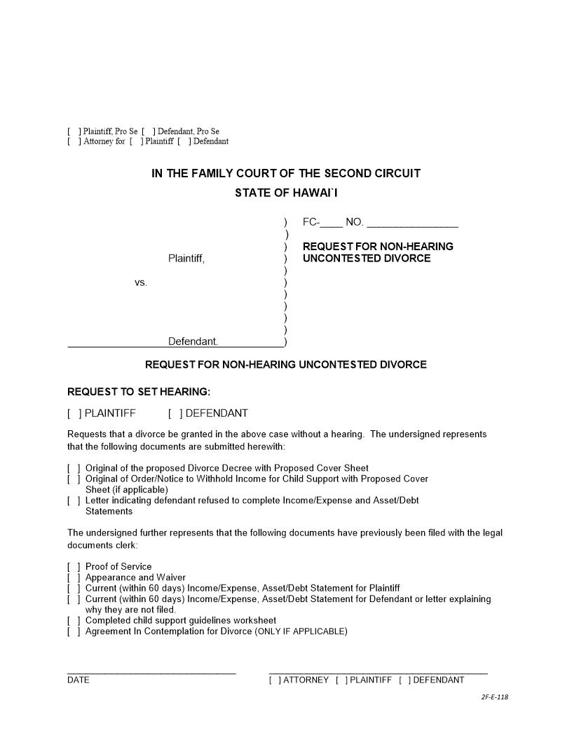 Request For A Non Hearing Uncontested Divorce {2F-E-118} | Pdf Fpdf Docx | Hawaii