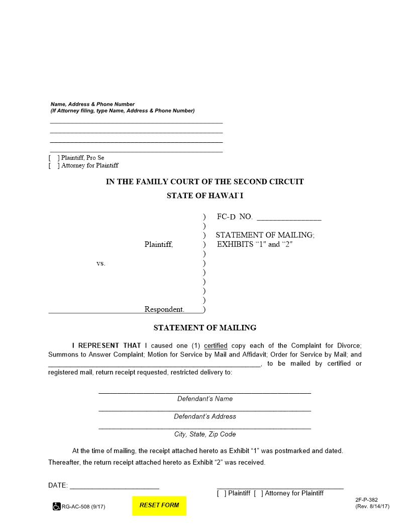 Statement Of Mailing Exhibits 1 and 2 {2F-P-382} | Pdf Fpdf Docx | Hawaii