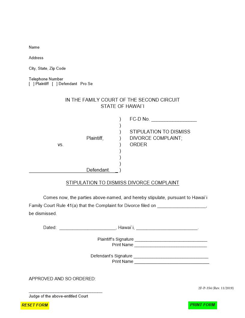 Stipulation To Dismiss Divorce Complaint {2F-P-354} | Pdf Fpdf Docx | Hawaii