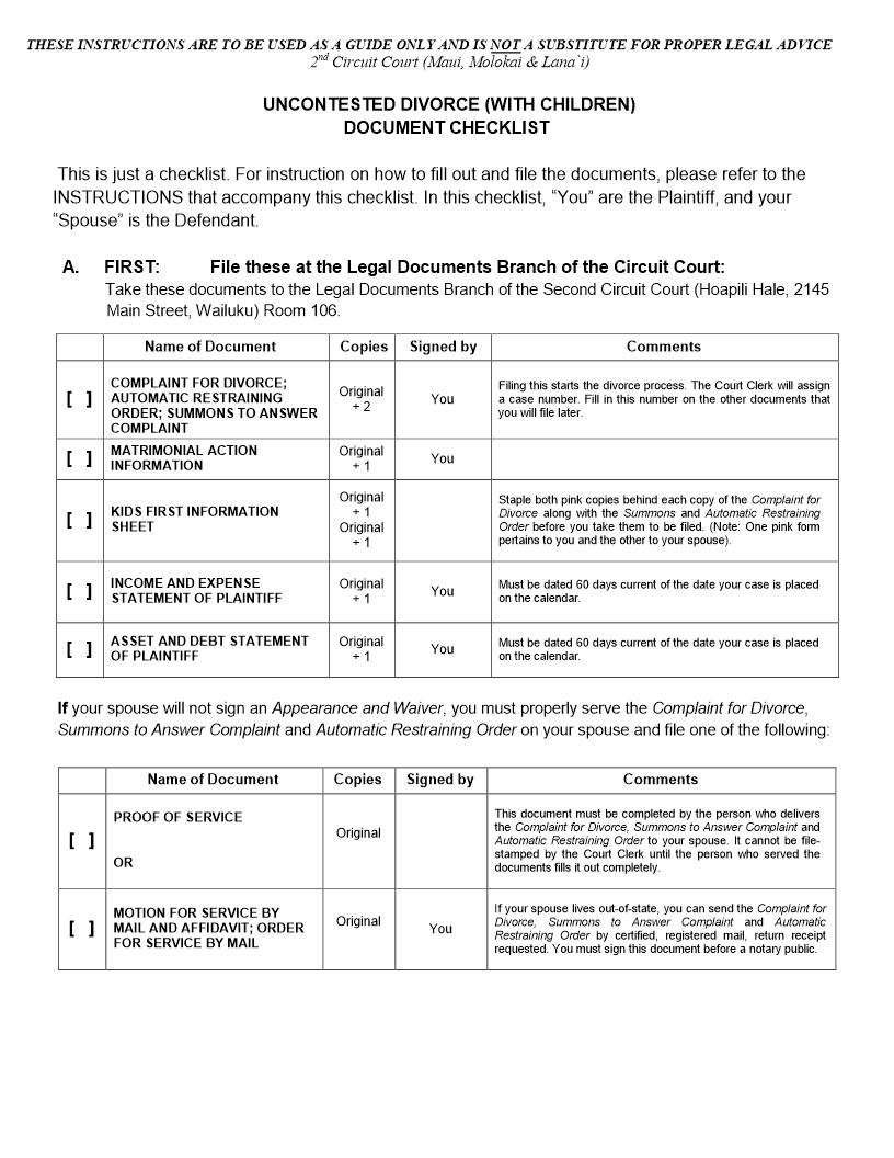 Uncontested Divorce With Children Document Checklist {2F-P-452} | Pdf Fpdf Docx | Hawaii