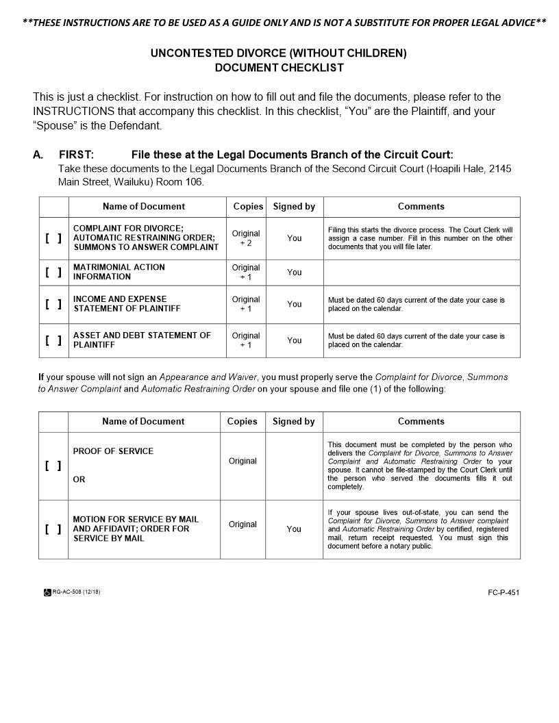 Uncontested Divorce Without Children Document Checklist {2F-P-451} | Pdf Fpdf Docx | Hawaii