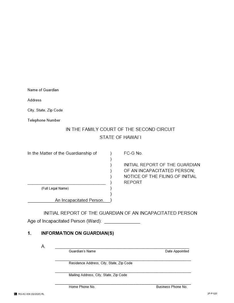 Initial Report Of The Guardian {2F-P-520 | Pdf Fpdf Docx | Hawaii
