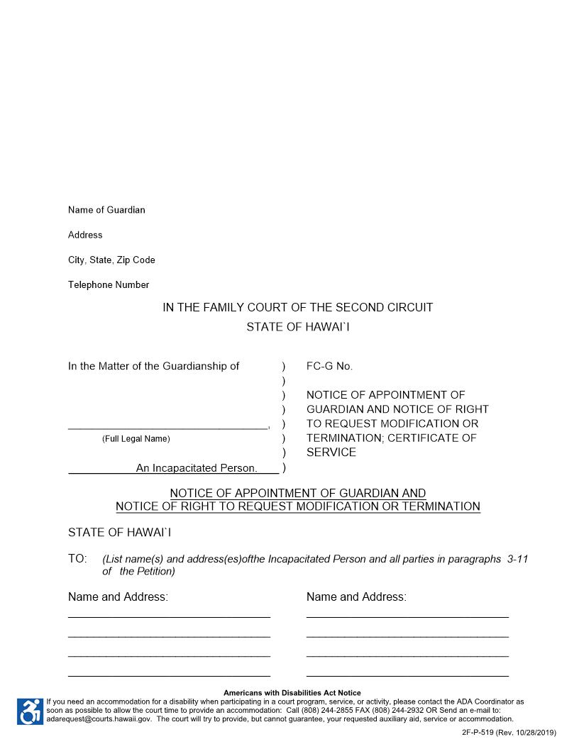 Notice Of Appointment Of Guardian {2F-P-519} | Pdf Fpdf Docx | Hawaii