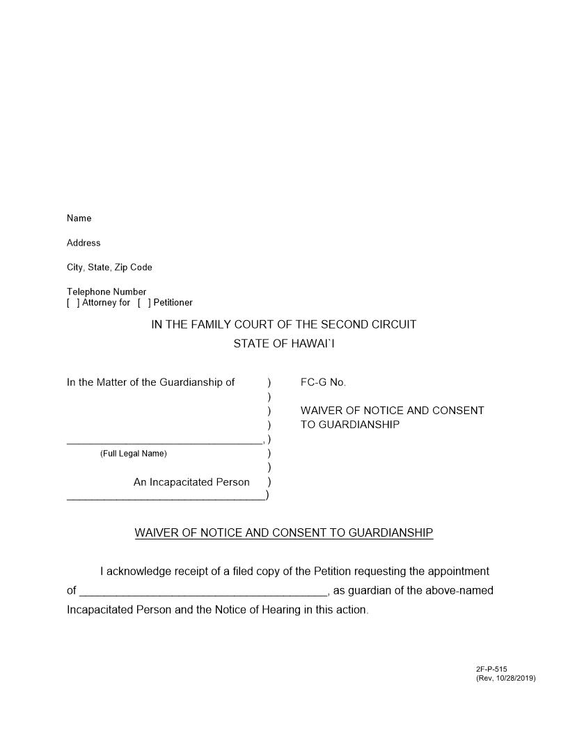 Waiver Of Notice And Consent To Guardianship {2F-P-515} | Pdf Fpdf Docx | Hawaii