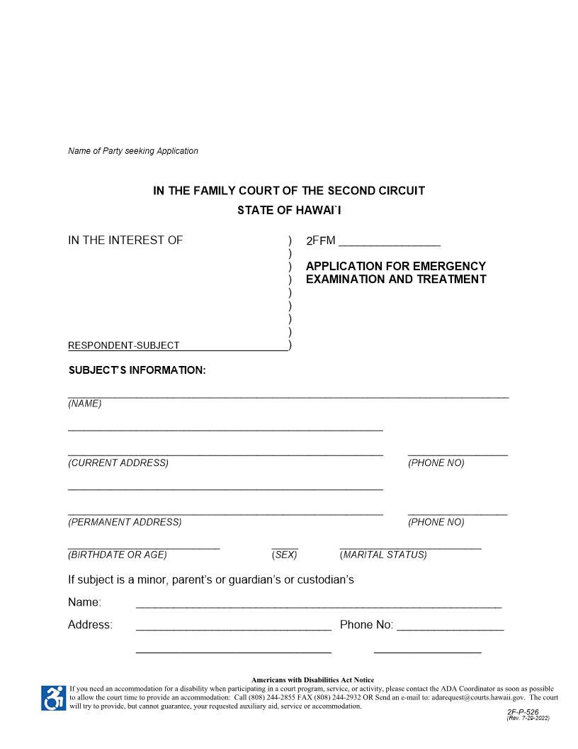 Application For Emergency Examination And Treatment {2F-P-526} | Pdf Fpdf Docx | Hawaii