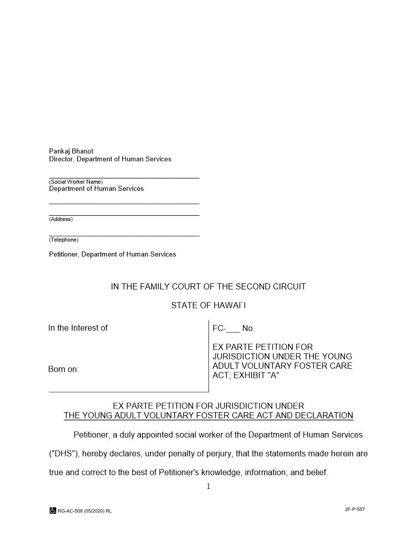 Ex Parte Petition For Jurisdiction Under Young Adult Voluntary Foster Care Act And Declaration {2F-P-557} | Pdf Fpdf Docx | Hawaii