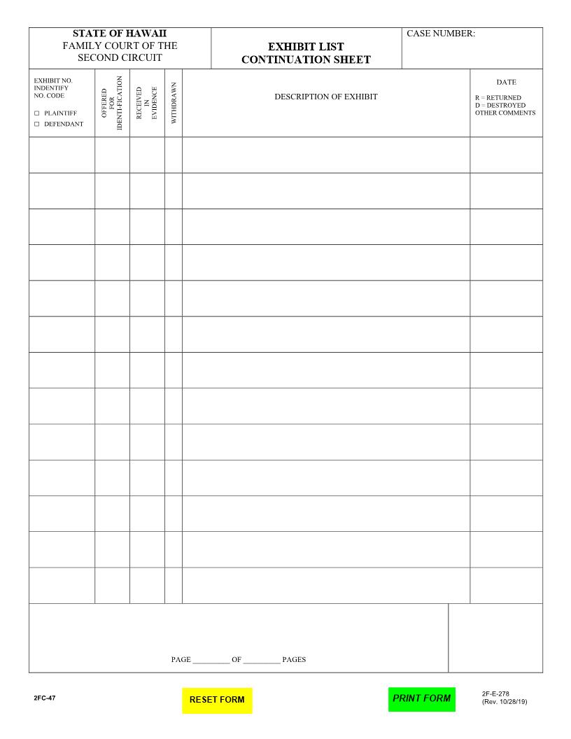 Exhibit List  Continuation Sheet {2F-E-278} | Pdf Fpdf Docx | Hawaii