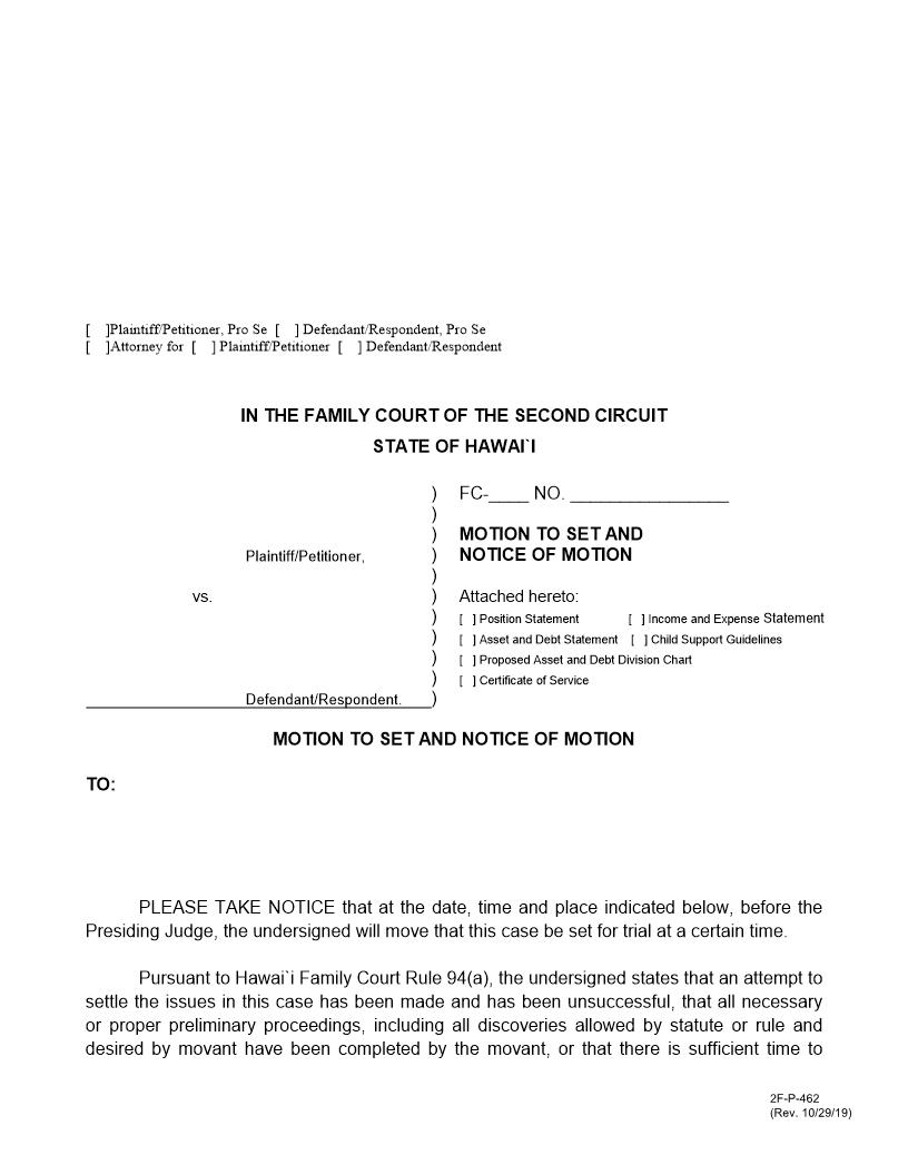 Motion To Set And Notice Of Motion {2F-P-462} | Pdf Fpdf Docx | Hawaii