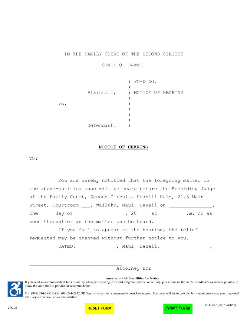 Notice Of Hearing {2F-P-377} | Pdf Fpdf Docx | Hawaii