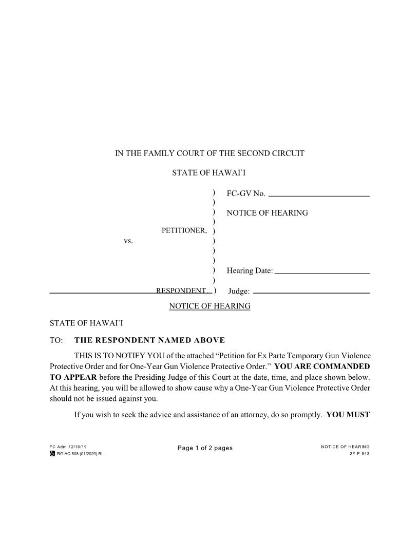 Notice Of Hearing {2F-P-543} | Pdf Fpdf Docx | Hawaii