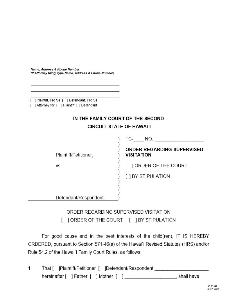 Order Regarding Supervised Visitation {2F-P-558} | Pdf Fpdf Docx | Hawaii