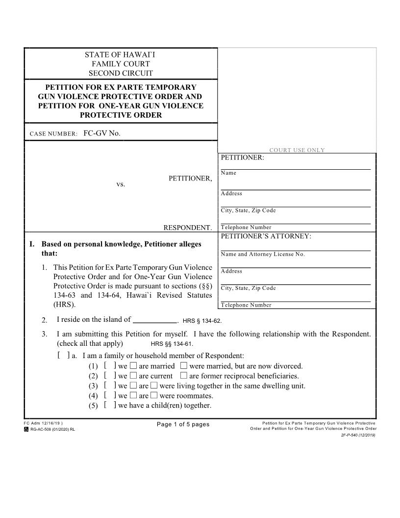 Petition For Ex Parte Temporary Gun Violence Protective Order {2F-P-540} | Pdf Fpdf Docx | Hawaii