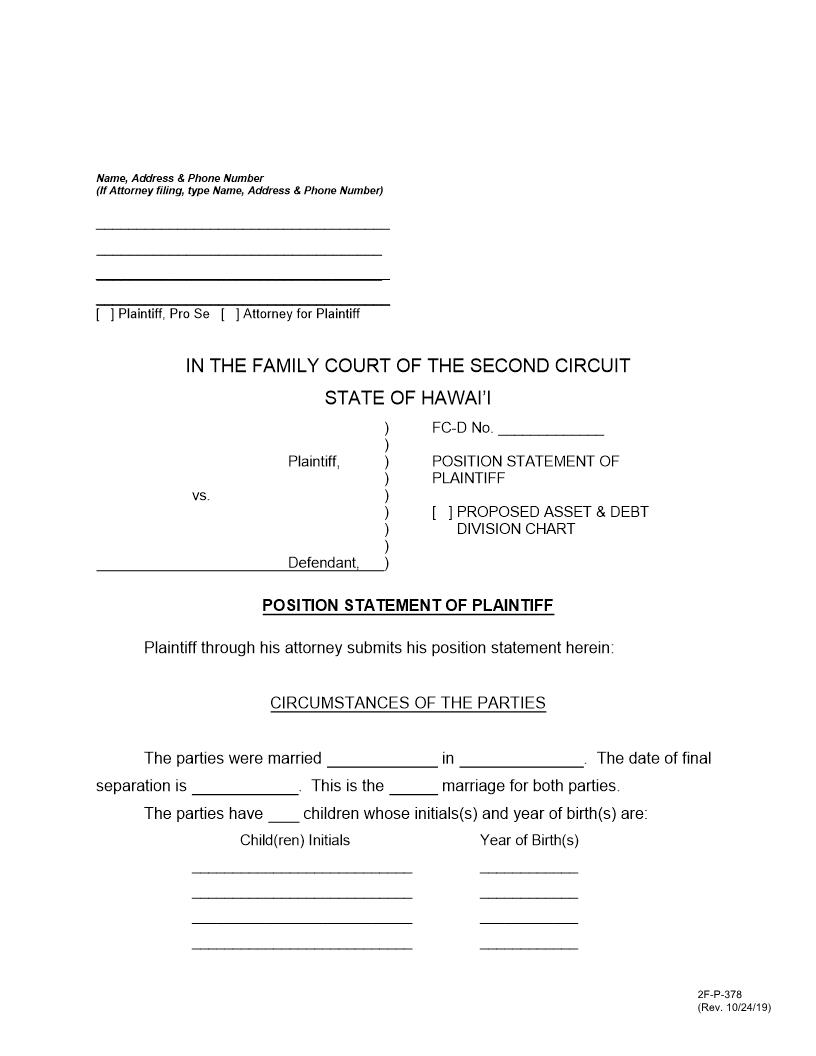 Position Statement Of Plaintiff {2F-P-378} | Pdf Fpdf Docx | Hawaii
