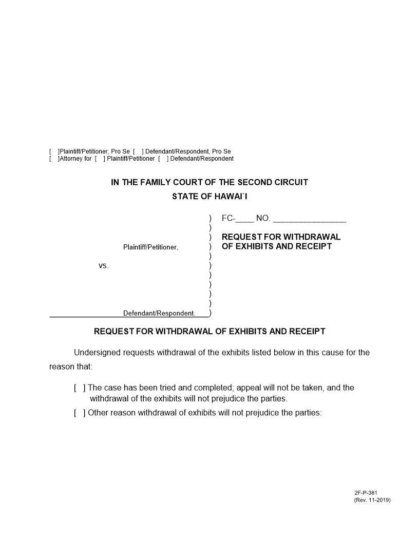 Request For Withdrawal Of Exhibits And Receipt {2F-P-381} | Pdf Fpdf Docx | Hawaii