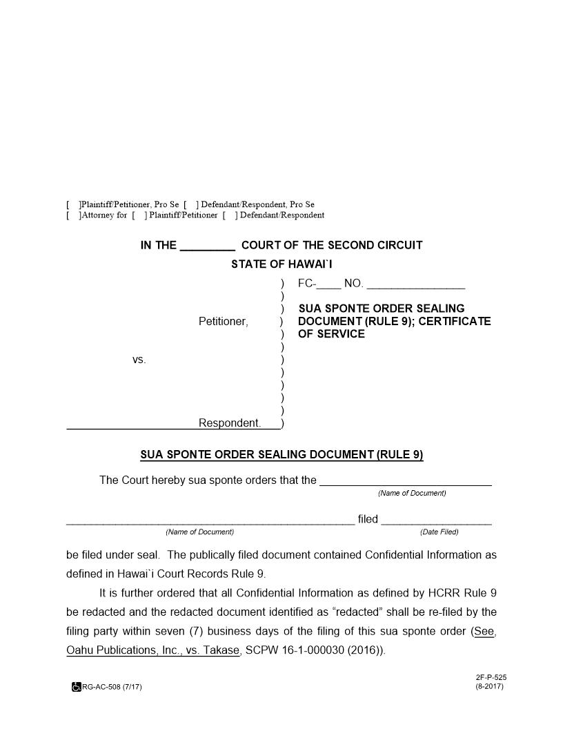 Sua Sponte Order Sealing Document {2FP525} | Pdf Fpdf Docx | Hawaii