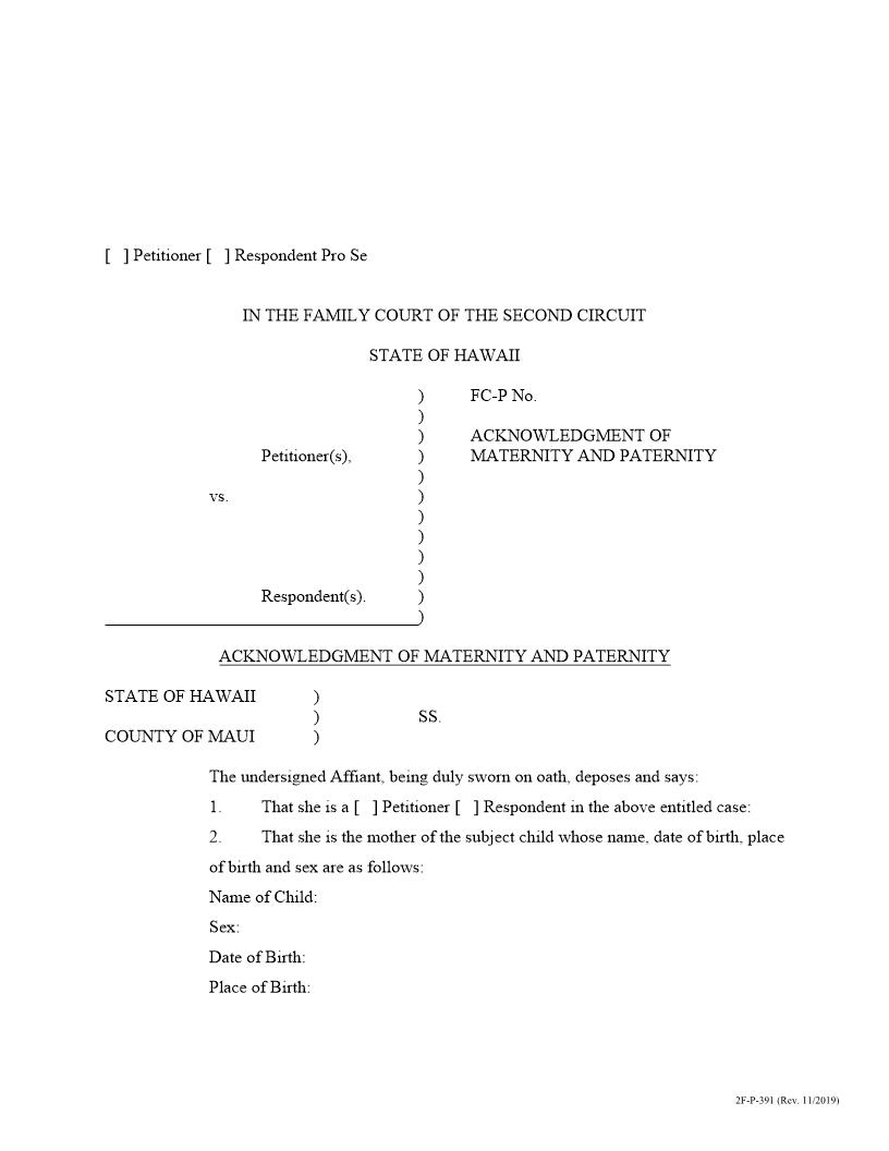 Acknowledgment Of Maternity And Paternity {2F-P-391} | Pdf Fpdf Docx | Hawaii
