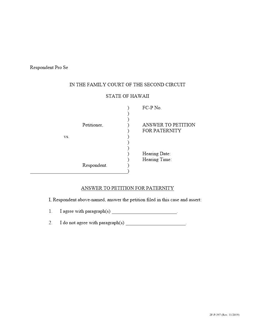 Answer To Petition For Paternity {2F-P-397} | Pdf Fpdf Docx | Hawaii