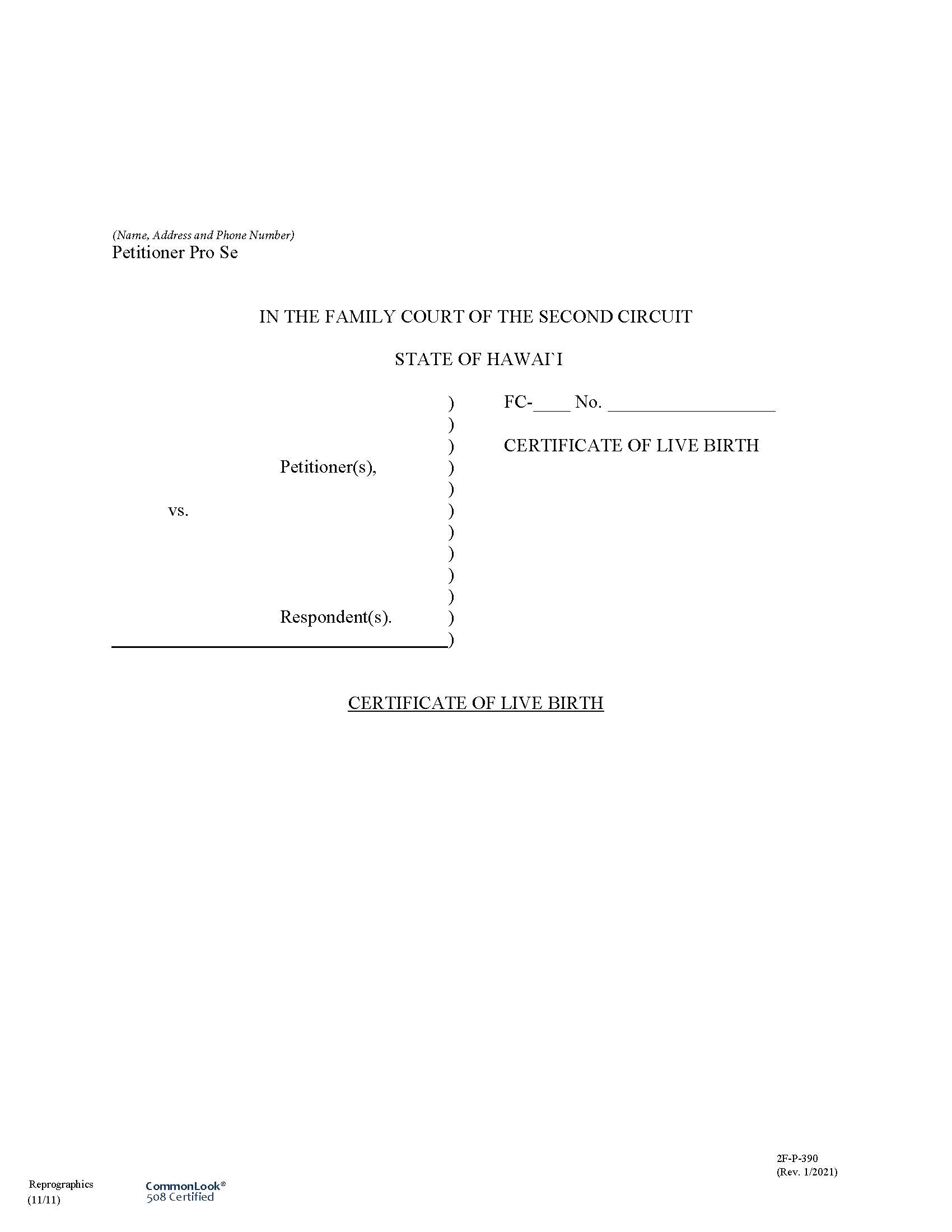 Certificate Of Live Birth {2F-P-390} | Pdf Fpdf Docx | Hawaii