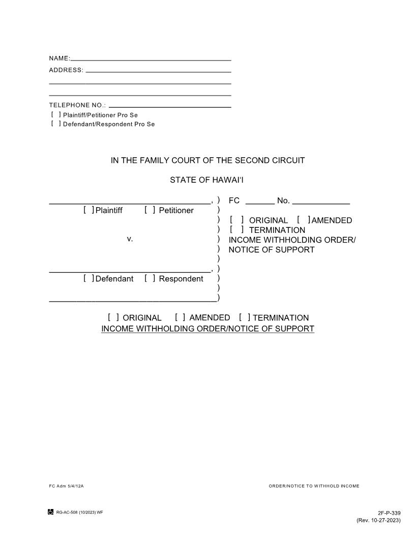 Income Withholding Order - Notice Of Support {2F-P-339} | Pdf Fpdf Docx | Hawaii