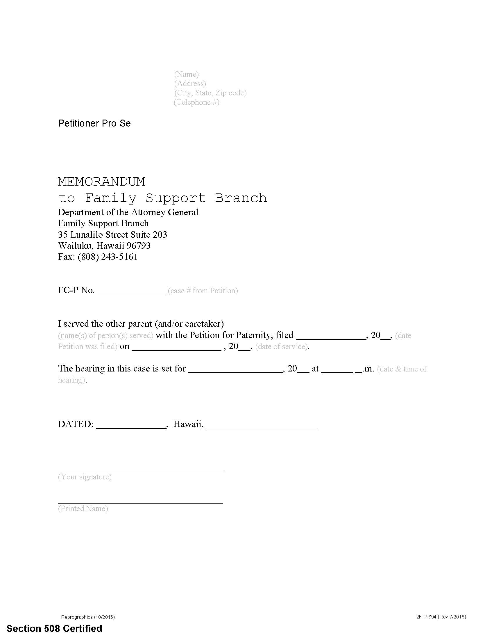 Memo To Family Support Branch {2F-P-394} | Pdf Fpdf Docx | Hawaii