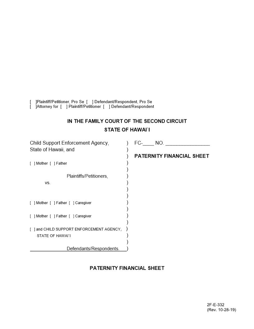 Paternity Financial Sheet {2F-E-332} | Pdf Fpdf Docx | Hawaii