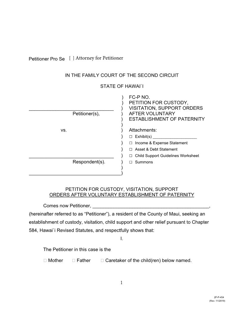 Petition For Custody Visitation Support Orders {2F-P-454} | Pdf Fpdf Docx | Hawaii
