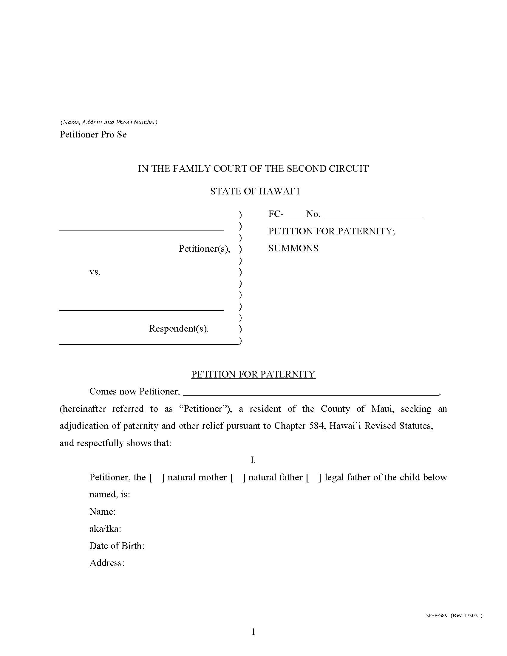 Petition For Paternity Summons {2F-P-389} | Pdf Fpdf Docx | Hawaii