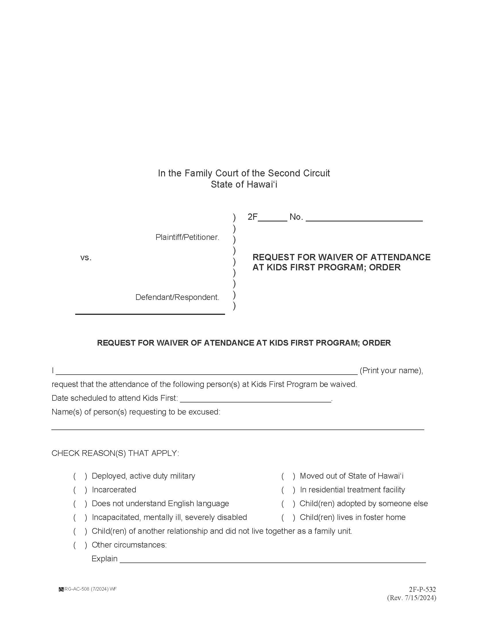 Request To Be Excused From Attending Kids First Program {2F-P-532} | Pdf Fpdf Docx | Hawaii