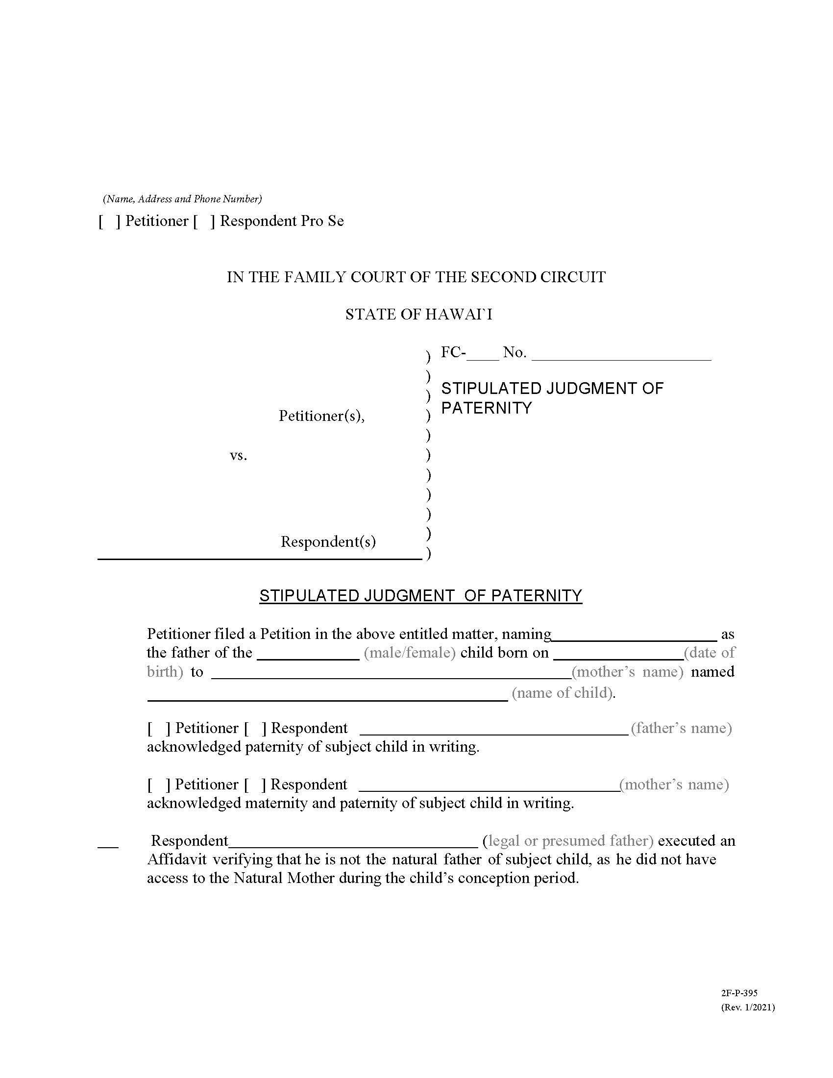 Stipulated Judgment Of Paternity {2F-P-395} | Pdf Fpdf Docx | Hawaii