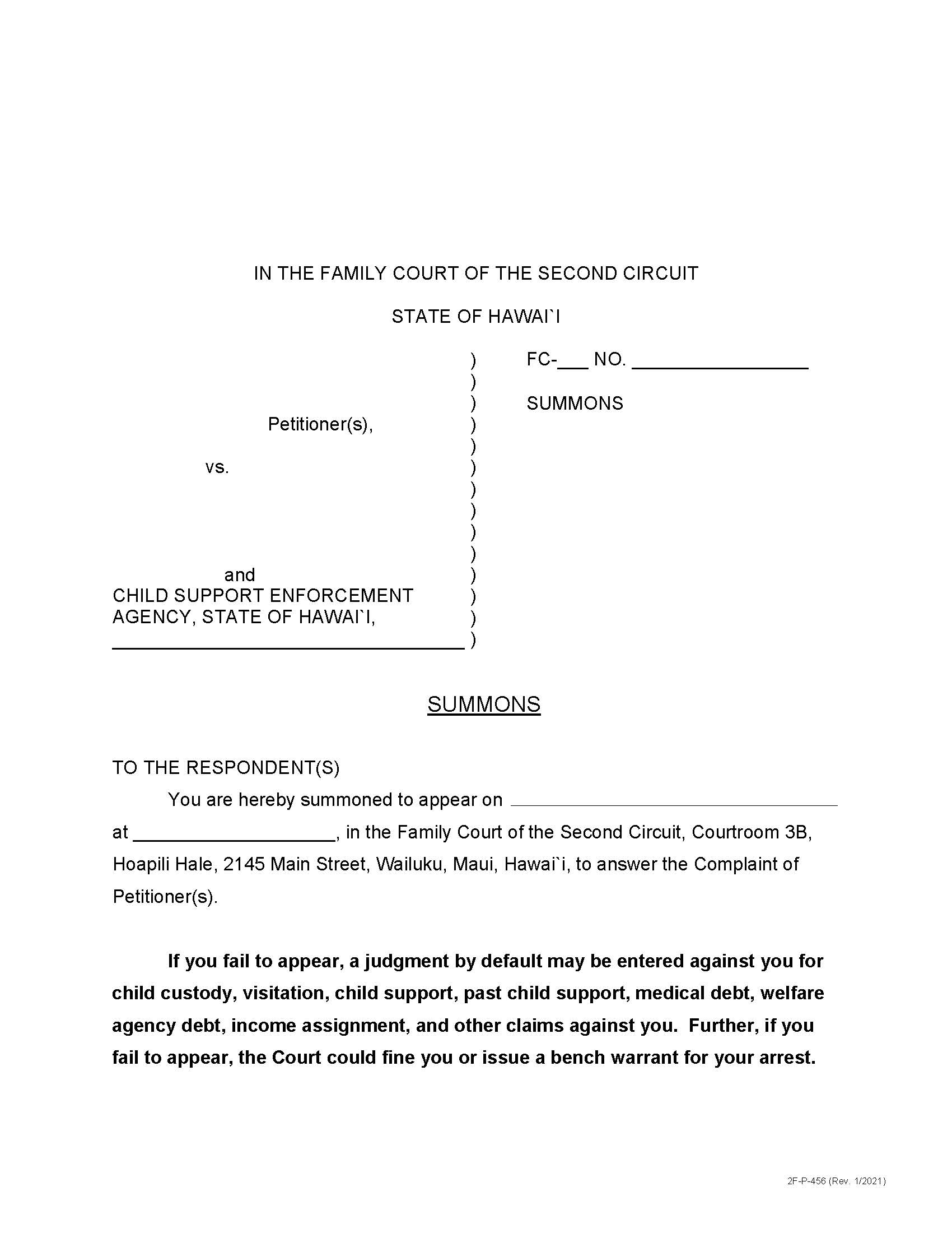 Summons {2F-P-456} | Pdf Fpdf Docx | Hawaii