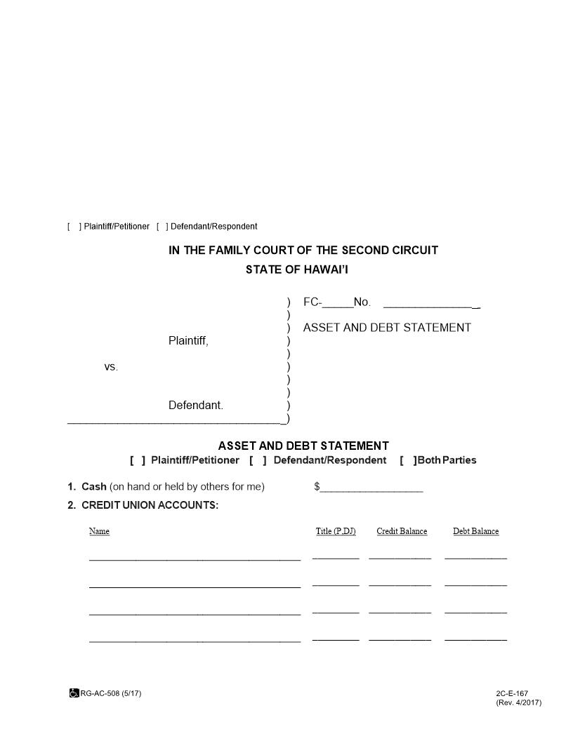 Asset And Debt Statement {2C-E-167} | Pdf Fpdf Docx | Hawaii