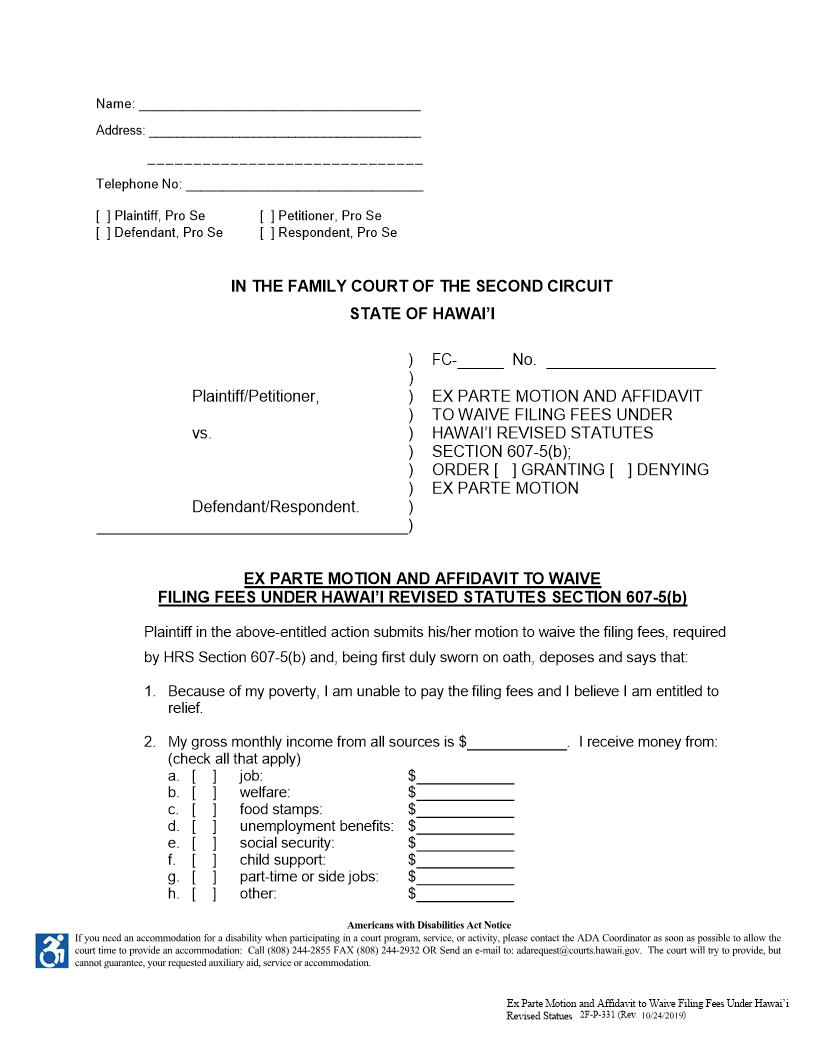 Ex Parte Motion And Affidavit To Waive Filing Fees {2F-P-331} | Pdf Fpdf Docx | Hawaii