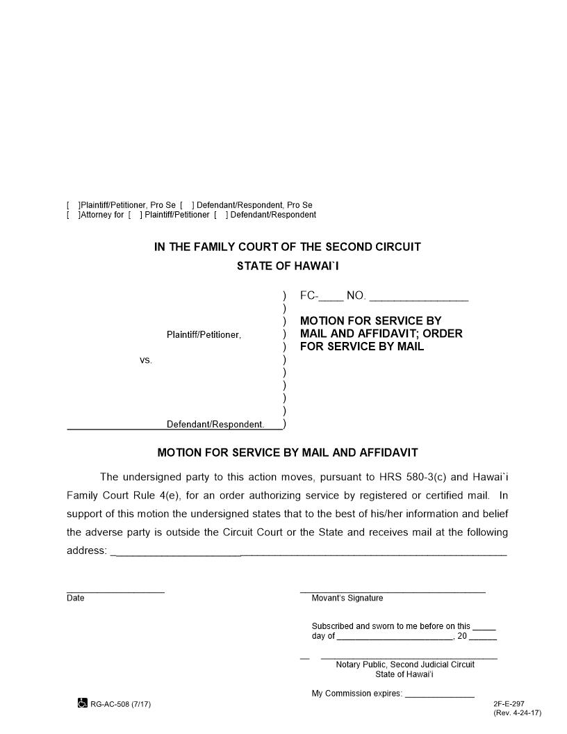 Motion For Service By Mail And Affidavit {2F-E-297} | Pdf Fpdf Docx | Hawaii