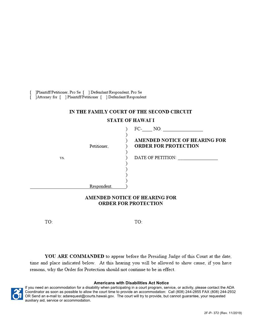 Amended Notice Of Hearing For Order For Protection {2F-P-372} | Pdf Fpdf Docx | Hawaii
